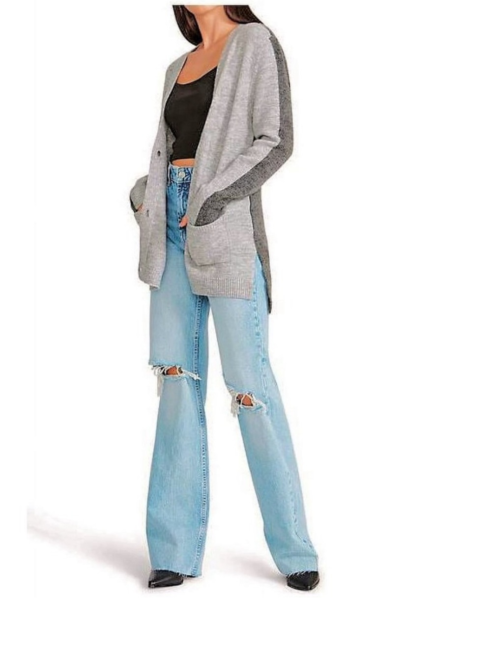 BB Dakota By Steve Madden Color Block Two-Tone Gray Button V-Neck Cardigan